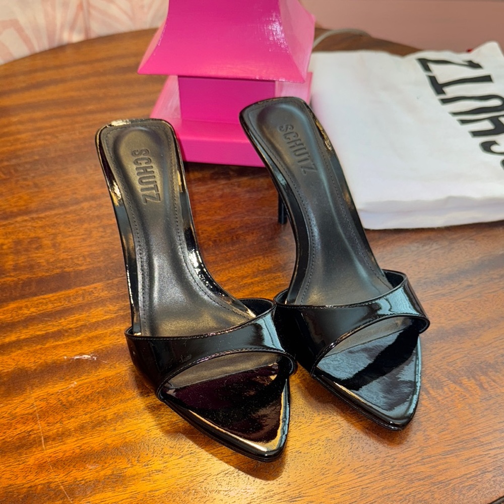 SCHUTZ Black Patent Slide Sandal Heels